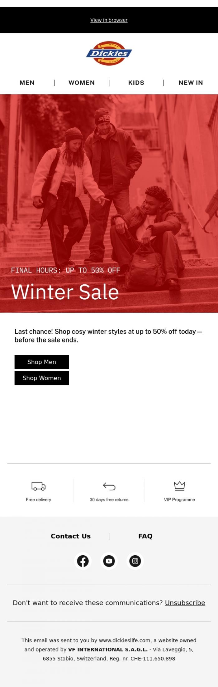 Email Design Inspiration from Dickies, Final hours! Don't miss up to 50% OFF ⌛️