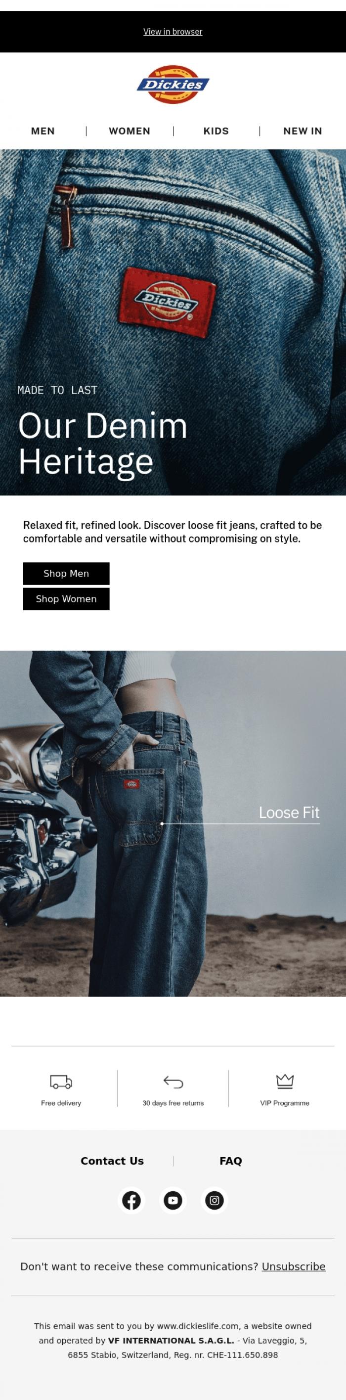 Email Design Inspiration from Dickies, Loose fit jeans for easy comfort and style