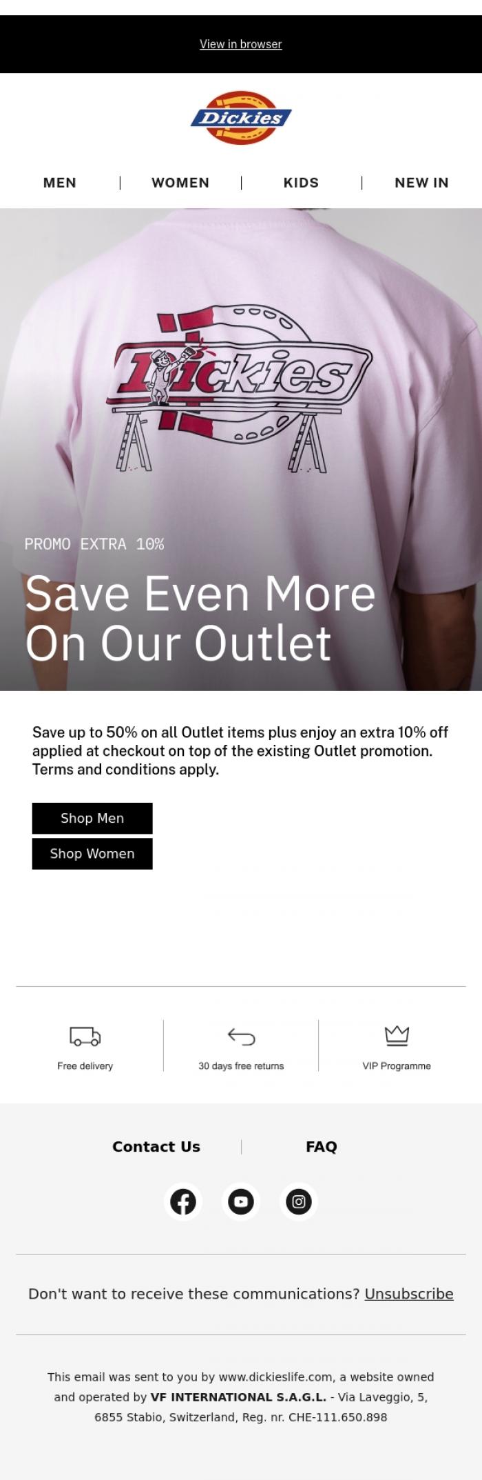 Email Design Inspiration from Dickies, Discover our Outlet Extra 10% deals