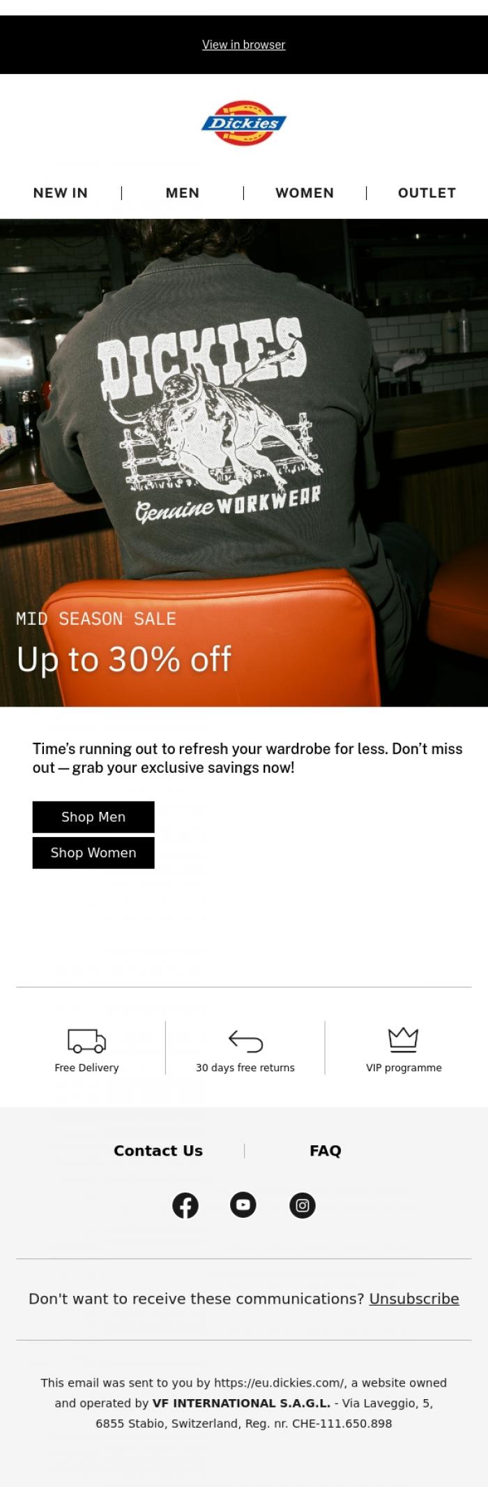 Email Design Inspiration from Dickies, Ends soon: get 30% off now!
