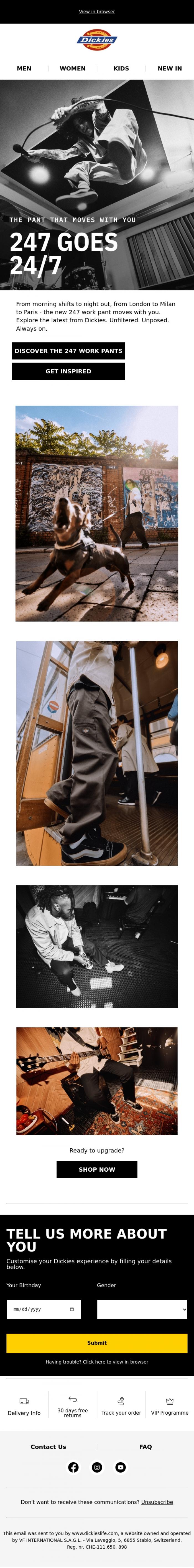 Email Design Inspiration from Dickieslife, Go 24/7 in the new 247 work pant