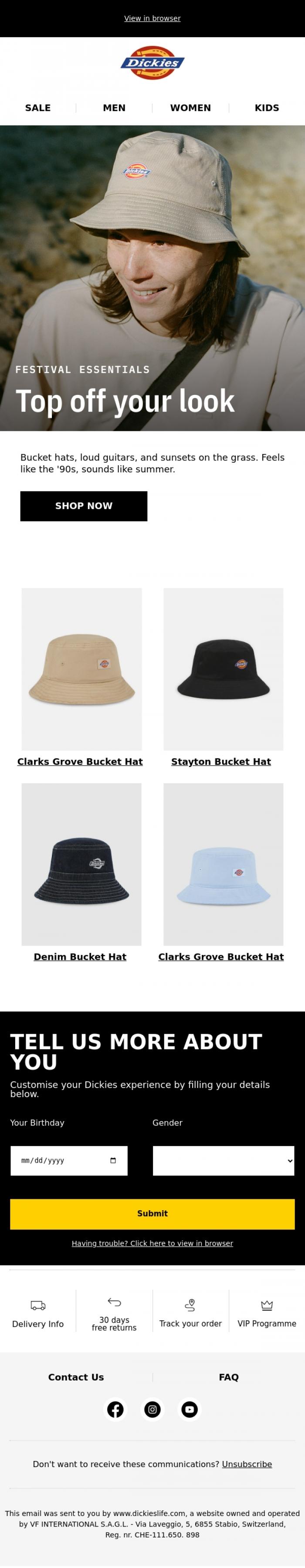 Email Design Inspiration from Dickieslife, Bucket hats & big sounds: your festival-ready look