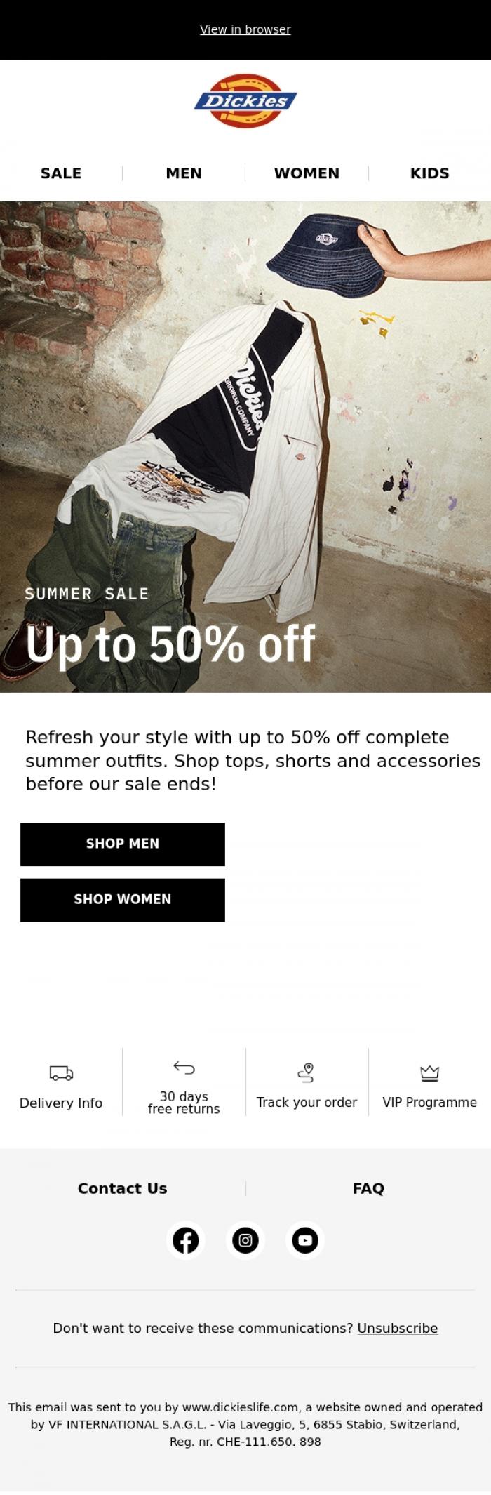 Email Design Inspiration from Dickieslife, Summer fits, up to 50% off