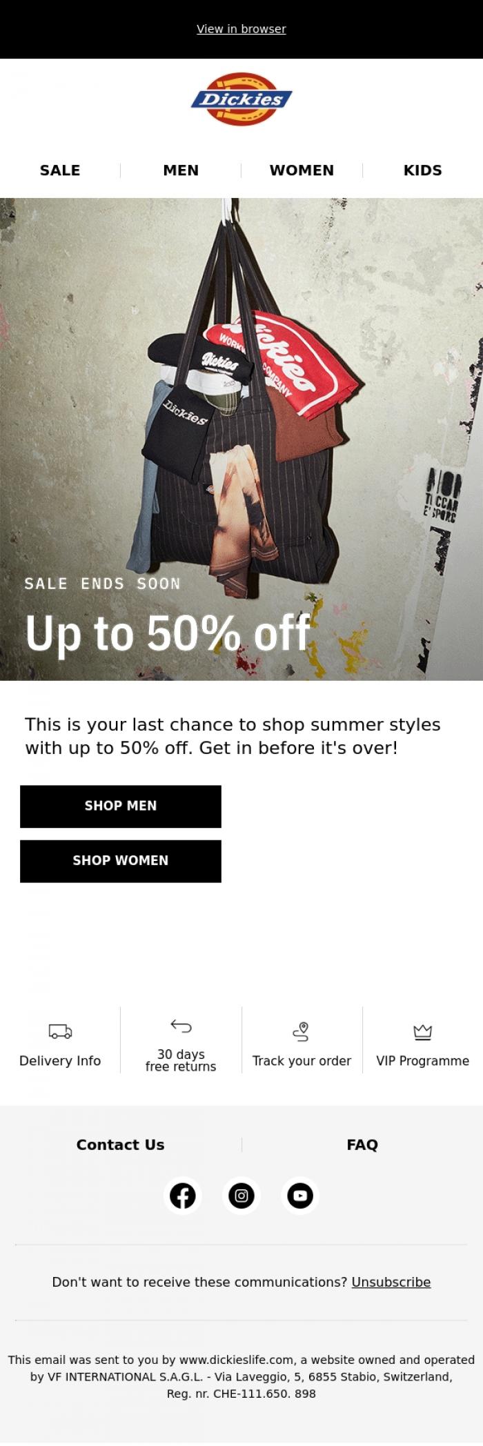 Email Design Inspiration from Dickieslife, Final call for up to 50% off 🚨