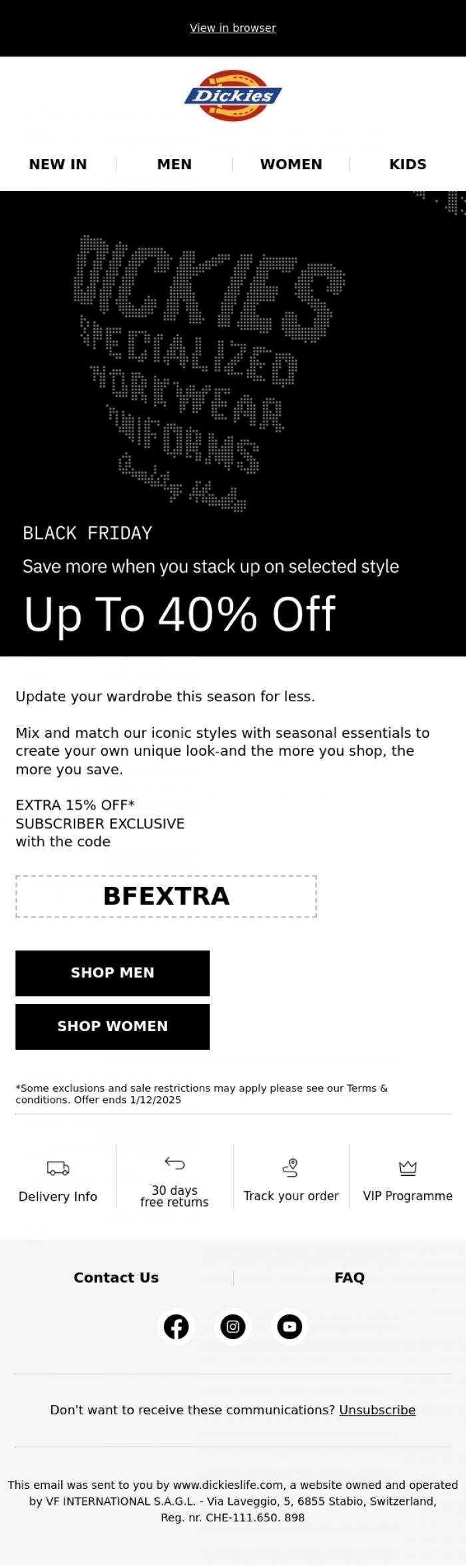 Email Design Inspiration from Dickieslife, Black Friday starts earlier! EXTRA 15% off 🔥