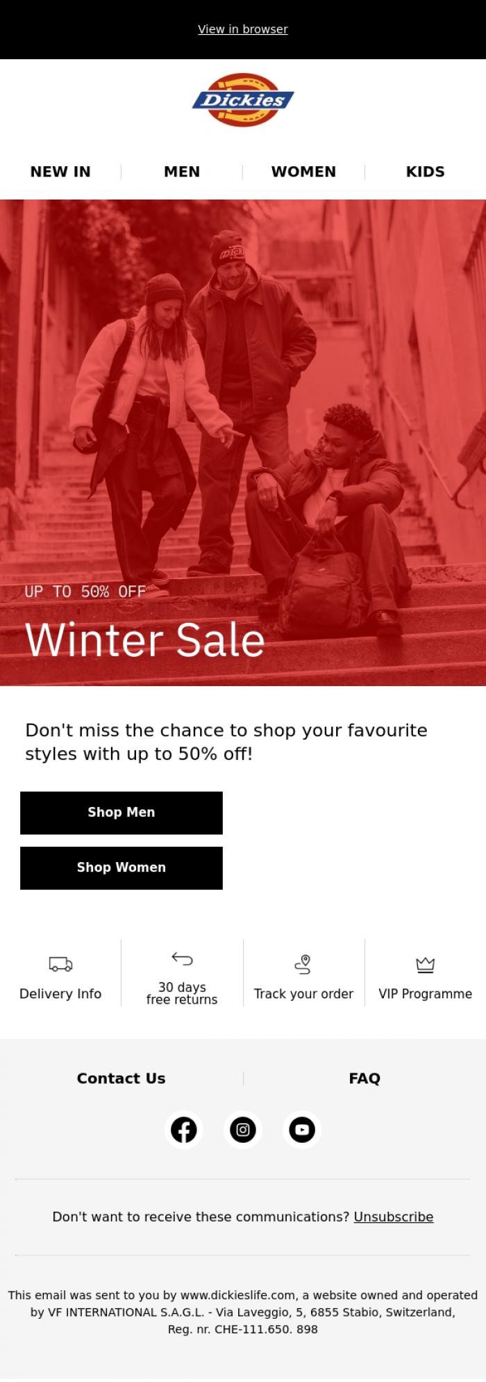 Email Design Inspiration from Dickieslife, Up to 50% off - our winter sale continues! 🌟