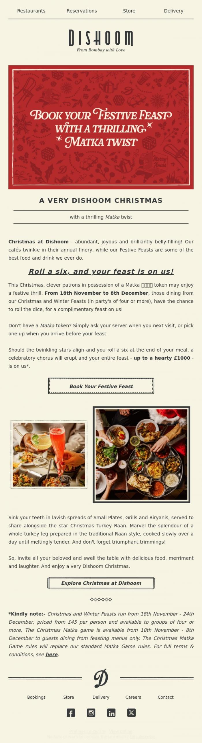 Email Design Inspiration from Dishoom, Roll a six, your feast is on us