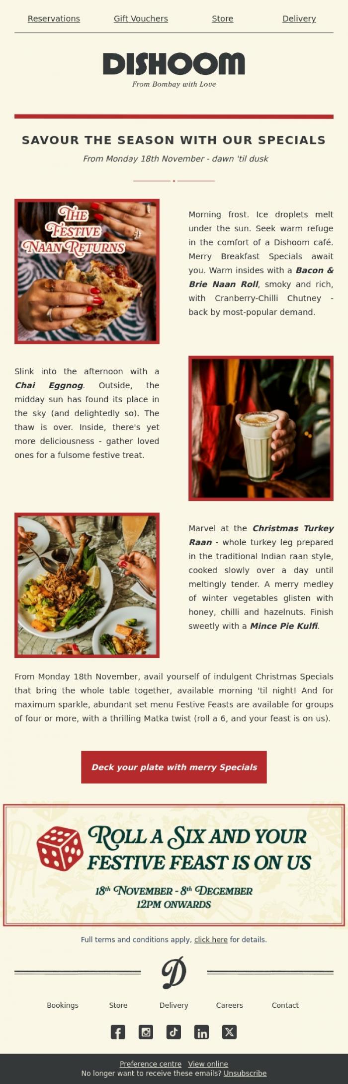 Email Design Inspiration from Dishoom, Festive Specials, all-day-long