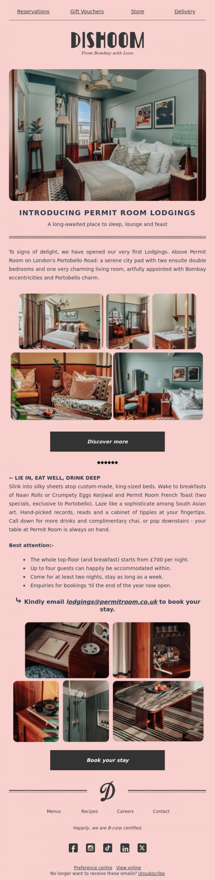 Email Design Inspiration from Dishoom, Introducing Permit Room Lodgings
