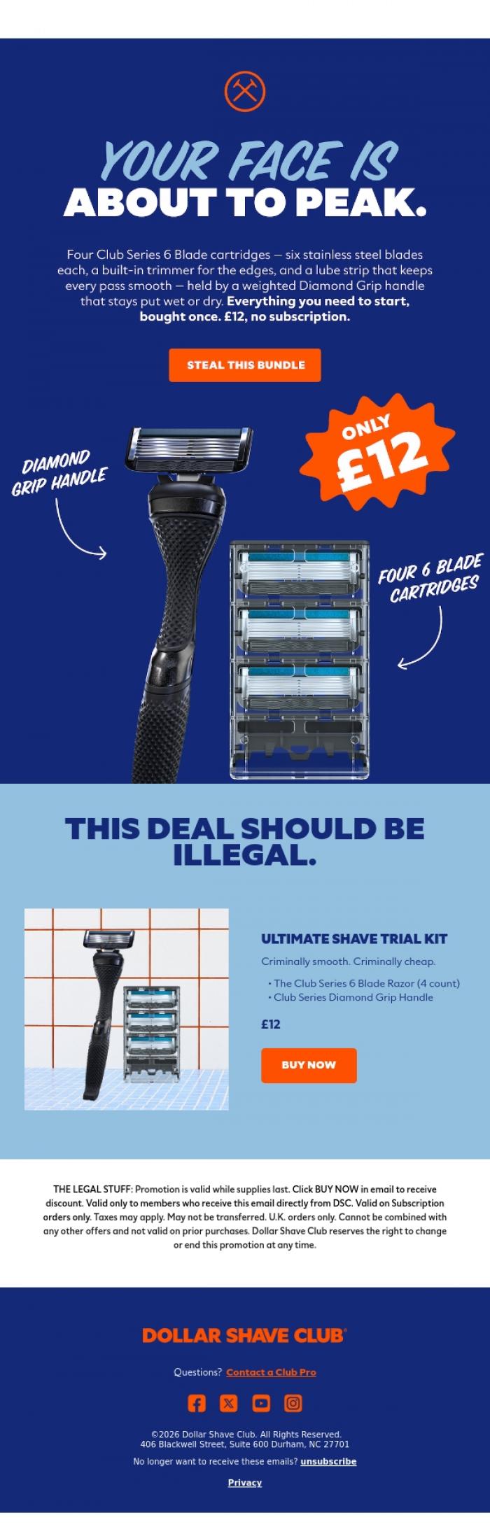 Email Design Inspiration from Dollar Shave Club UK, Your razor's been through a lot.