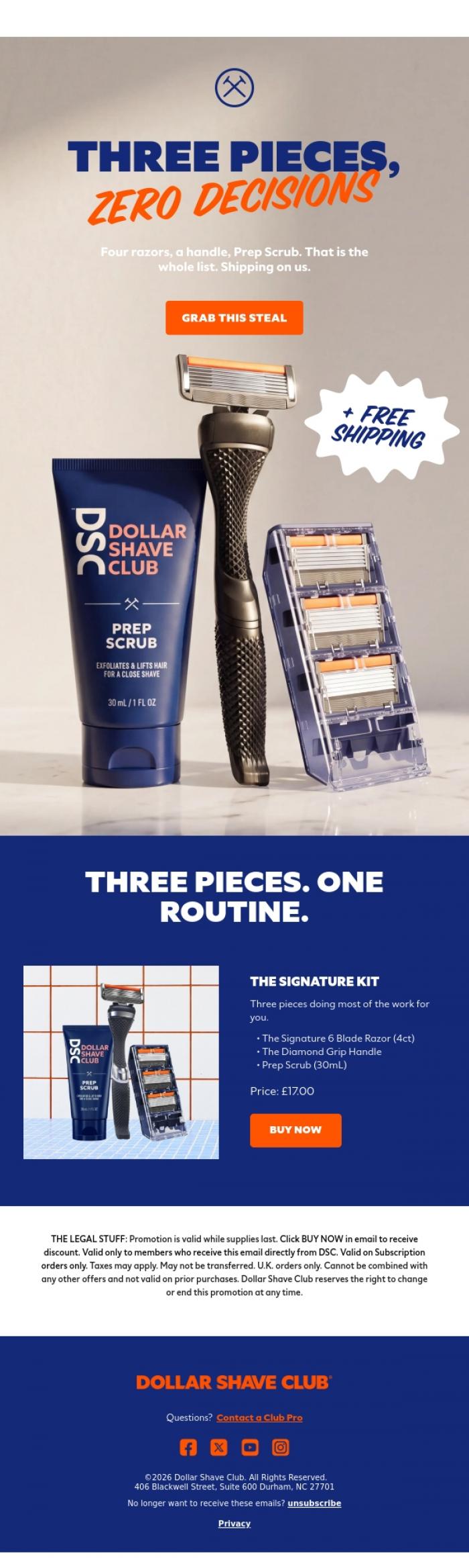 Email Design Inspiration from Dollar Shave Club UK, Three pieces, and we cover the shipping.