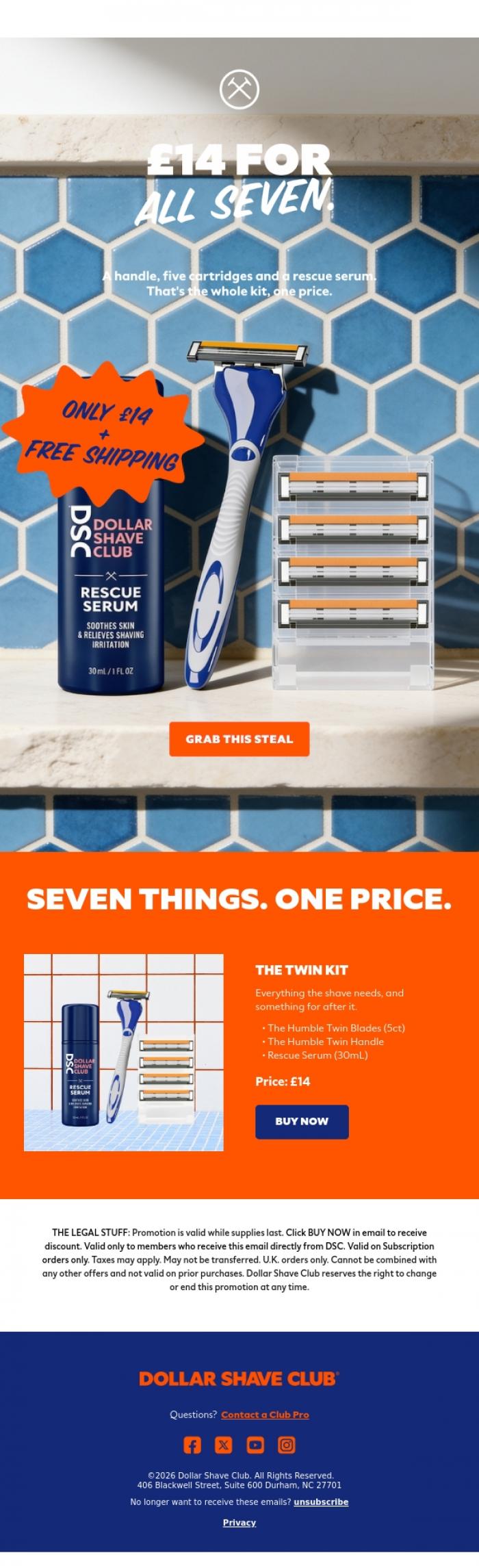 Email Design Inspiration from Dollar Shave Club UK, Seven things for &pound;14.