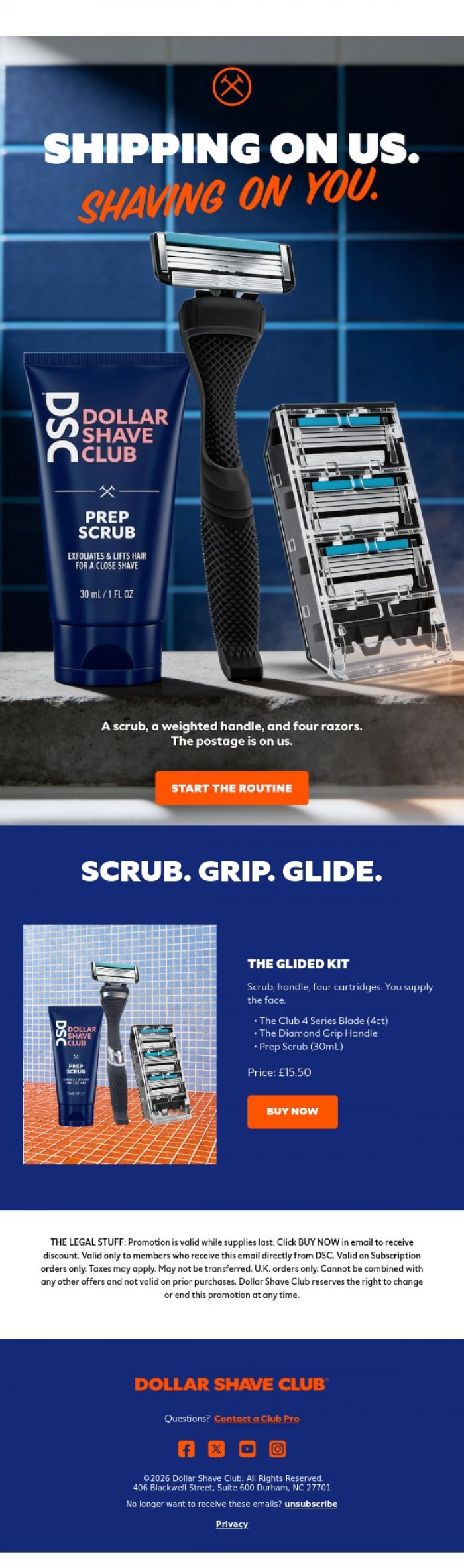 Email Design Inspiration from Dollar Shave Club UK, &pound;15.50, and the postage is on us.