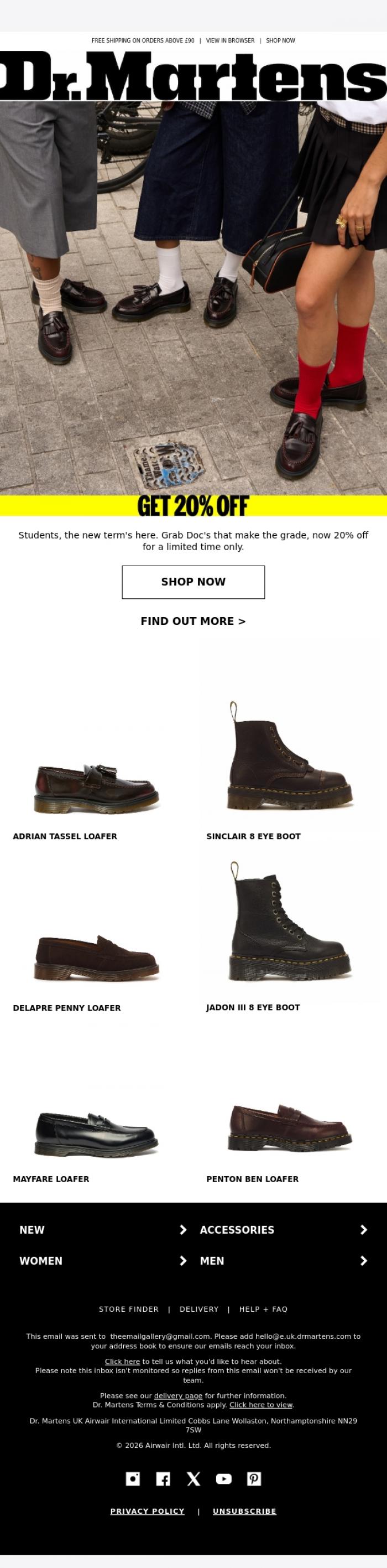 Email Design Inspiration from Dr. Martens, Calling all students: 20% off for a limited time only.