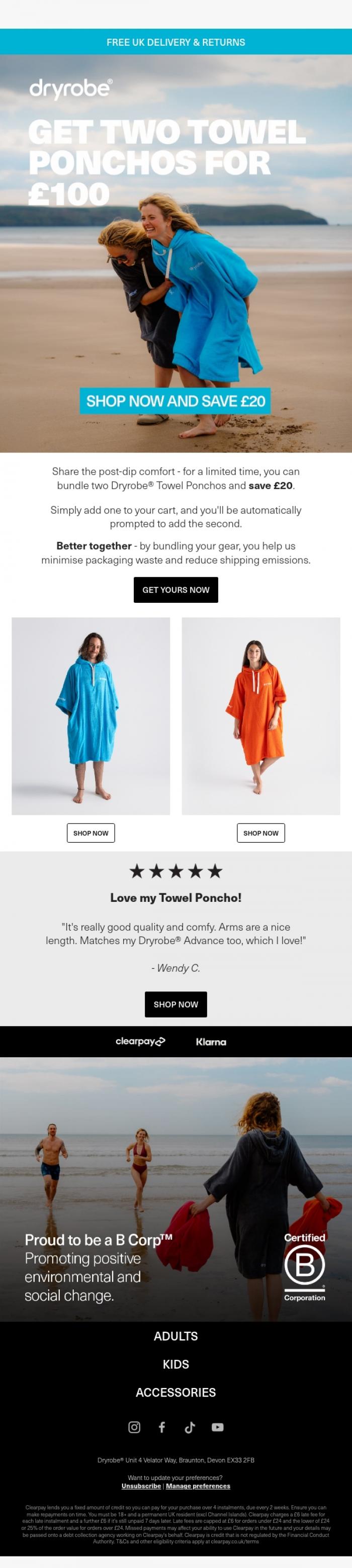 Email Design Inspiration from dryrobe, Save &pound;20 when you buy two Towel Ponchos