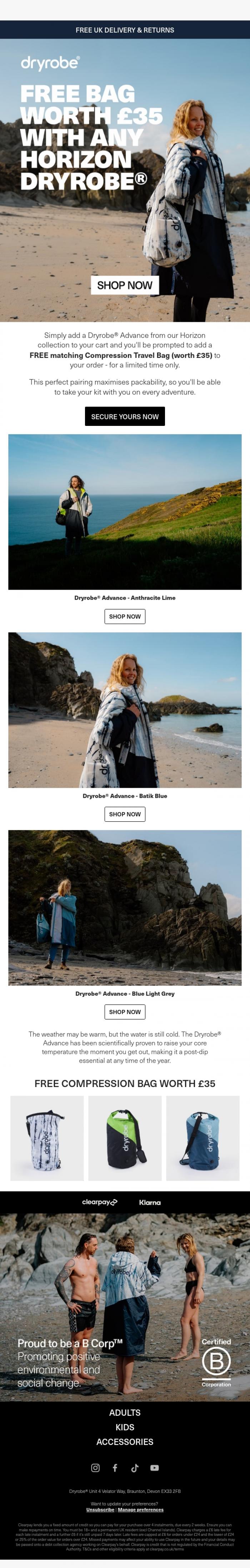 Email Design Inspiration from dryrobe, FREE bag worth &pound;35 with our Horizon Collection...