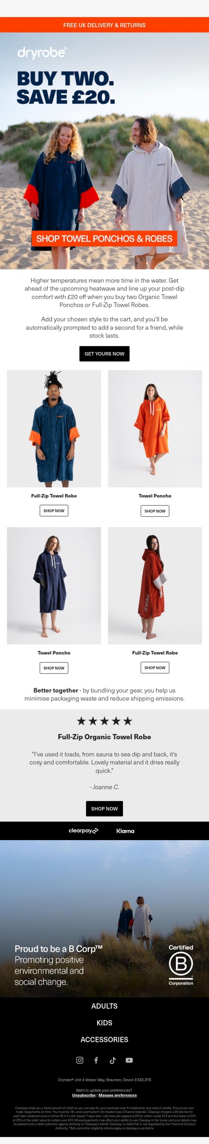 Email Design Inspiration from dryrobe, Sea dips are calling. Is your kit ready?