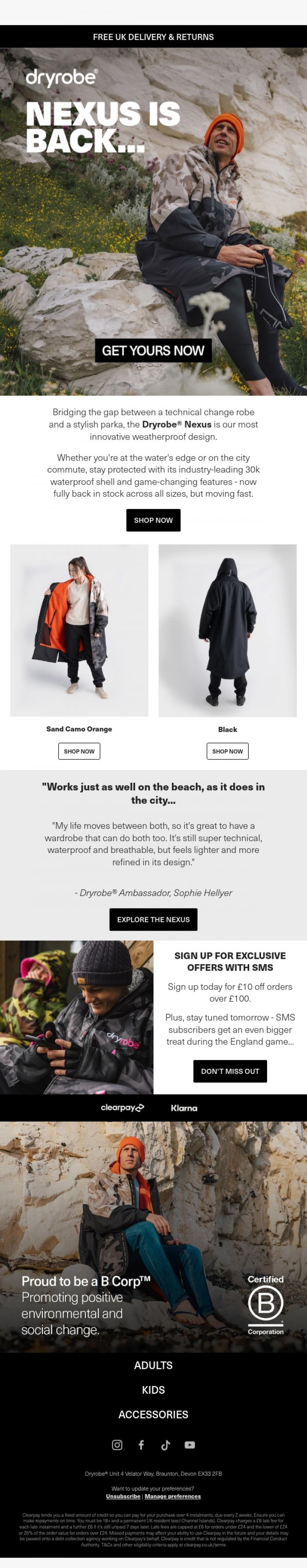 Email Design Inspiration from dryrobe, Back in stock: The Dryrobe&reg;&nbsp;Nexus
