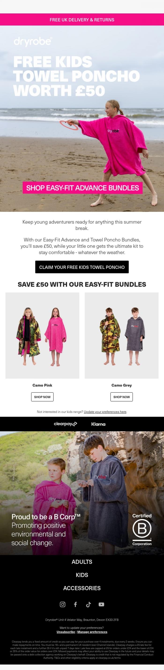 Email Design Inspiration from dryrobe, Get a FREE Kids Towel Poncho (worth &pound;50)