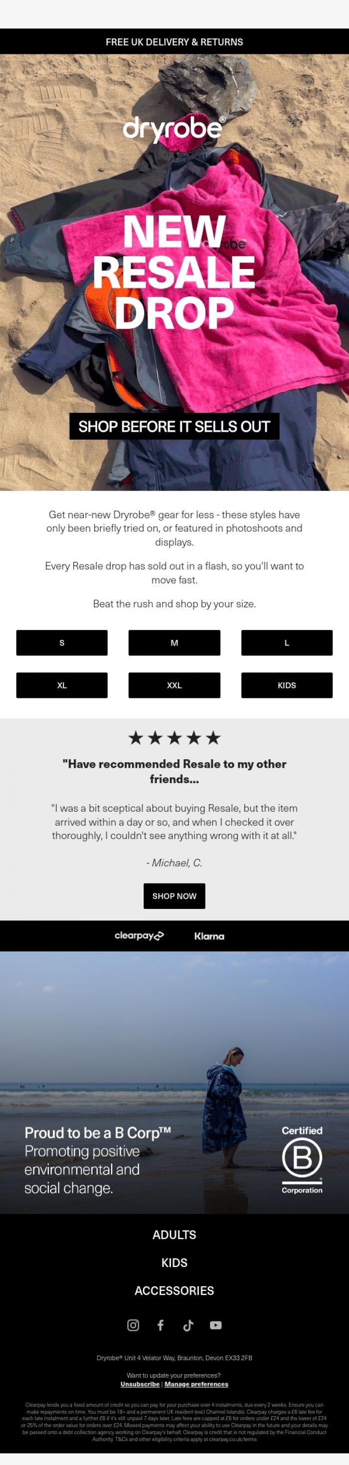Email Design Inspiration from dryrobe, Don't miss our latest Resale Drop ⏰