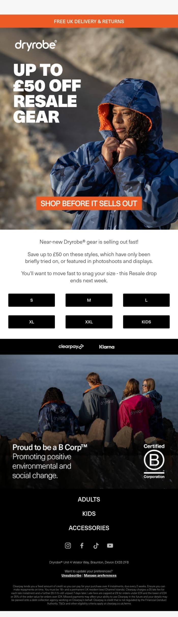 Email Design Inspiration from dryrobe, Save up to &pound;50 on Resale gear ⏰