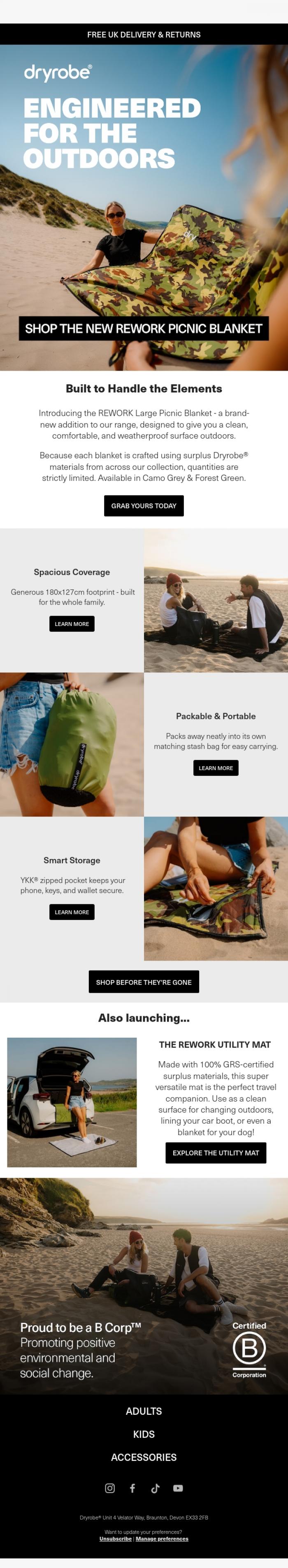 Email Design Inspiration from dryrobe, Built From Surplus Materials. Born for Adventure.
