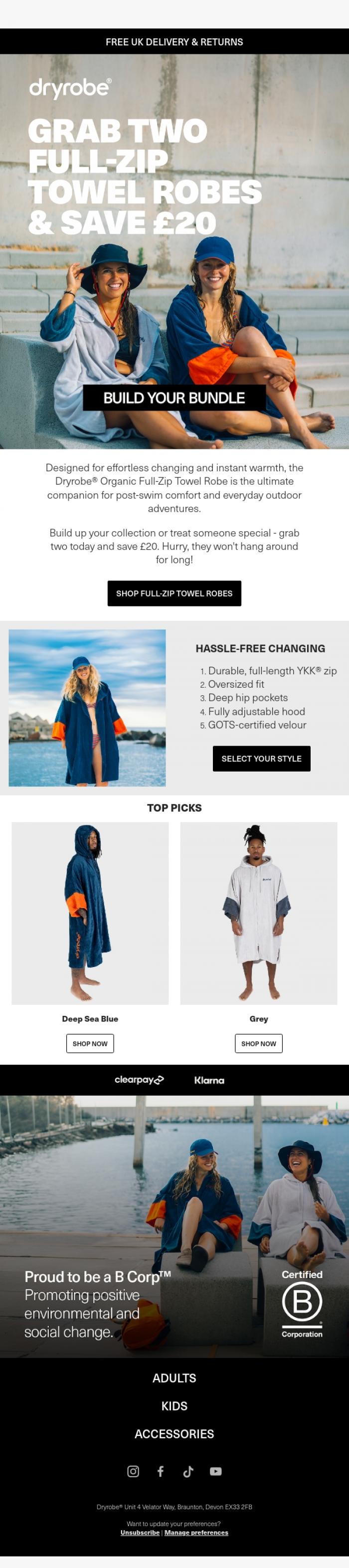 Email Design Inspiration from dryrobe, Grab Two Full-Zip Towel Robes and Save &pound;20 🌊