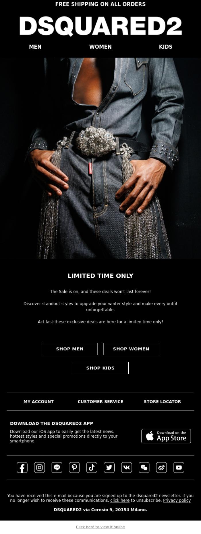 Email Design Inspiration from Dsquared2 News, Sale: Don't Miss Out