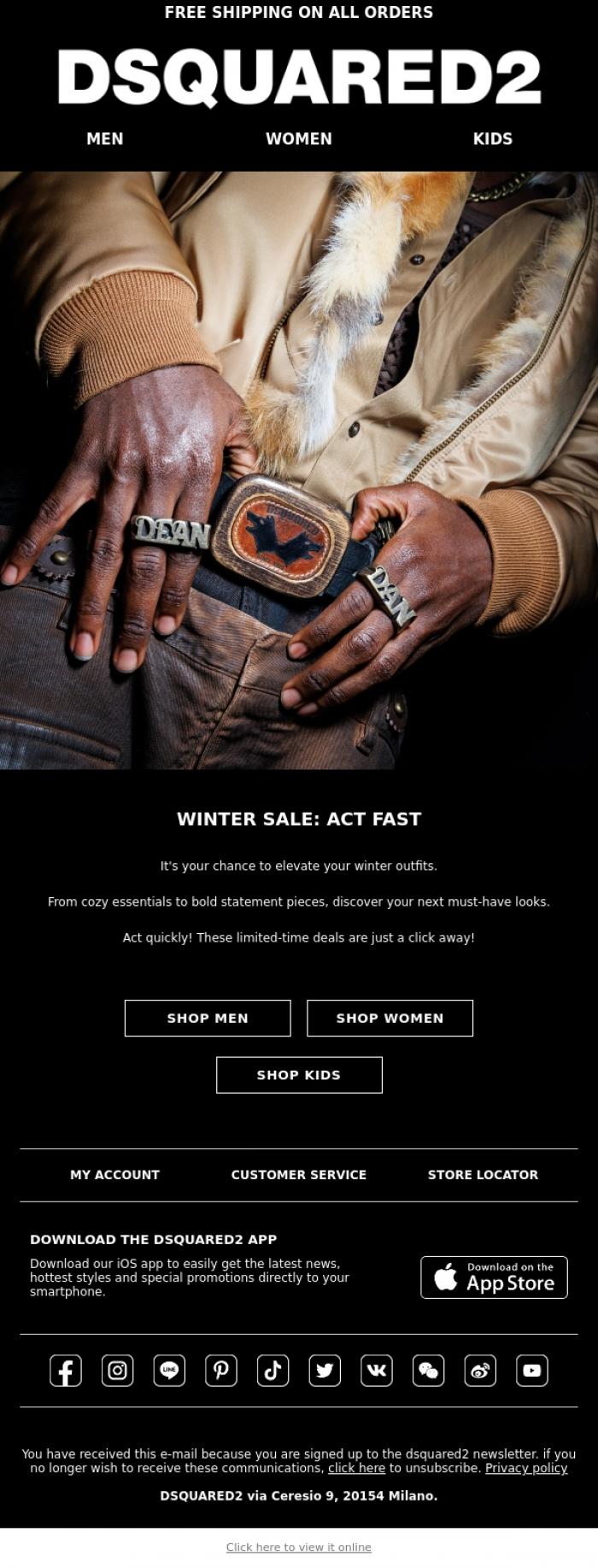 Email Design Inspiration from Dsquared2 News, Winter Sale: Limited Time