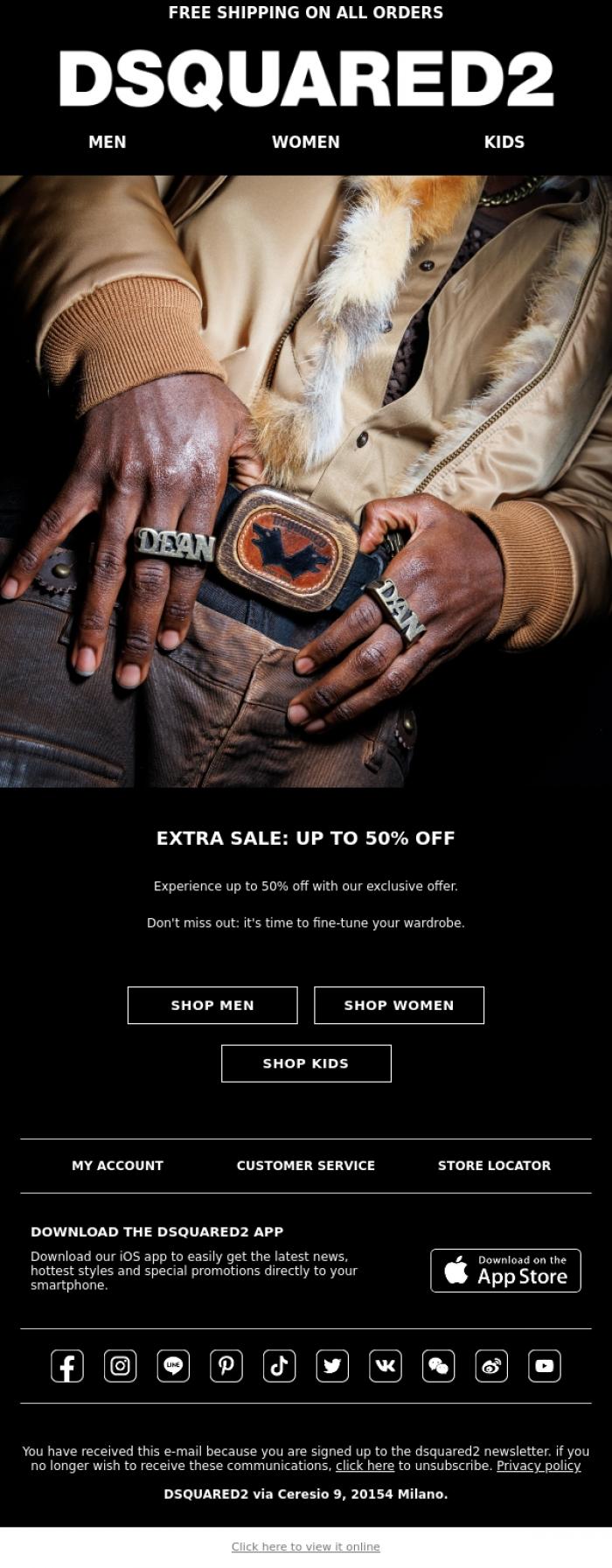 Email Design Inspiration from Dsquared2 News, EXTRA SALE | Up to 50% OFF