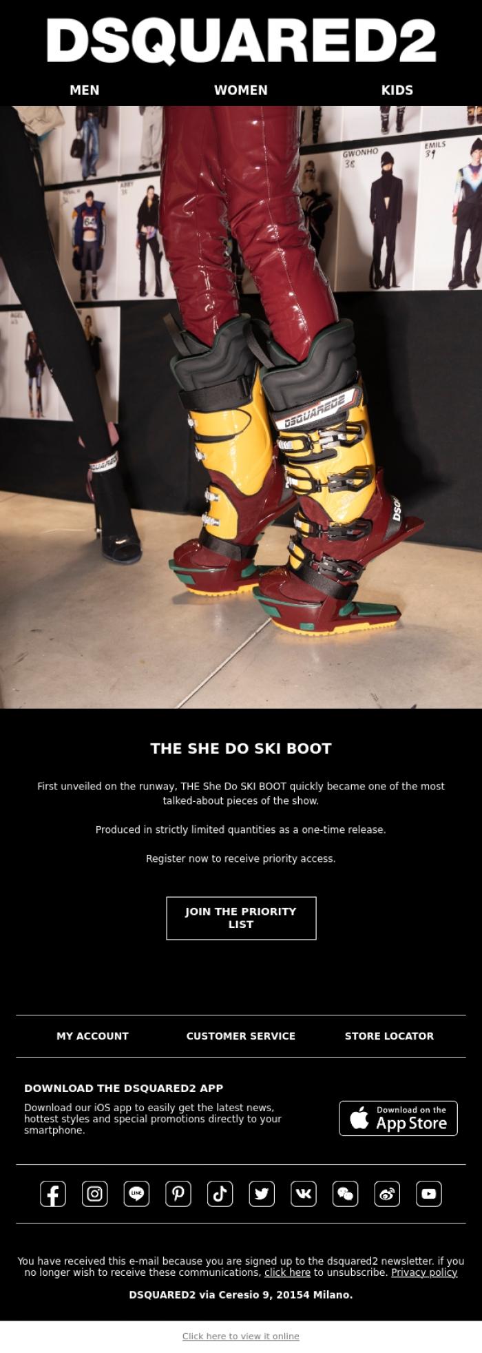 Email Design Inspiration from Dsquared2 News, THE She Do SKI BOOT - First Access