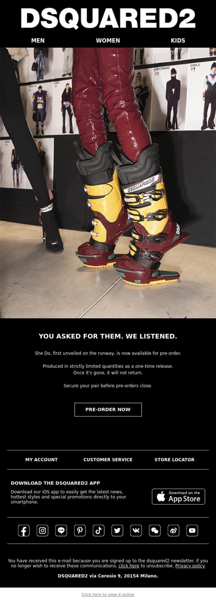 Email Design Inspiration from Dsquared2 News, She Do Ski Boot - Pre-Order Now Live