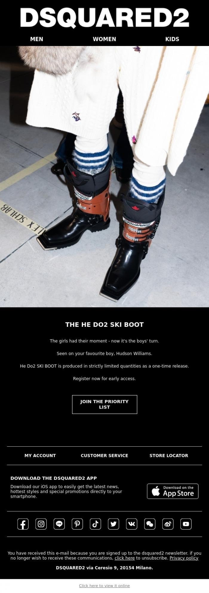 Email Design Inspiration from Dsquared2 News, THE He Do2 SKI BOOT - First Access