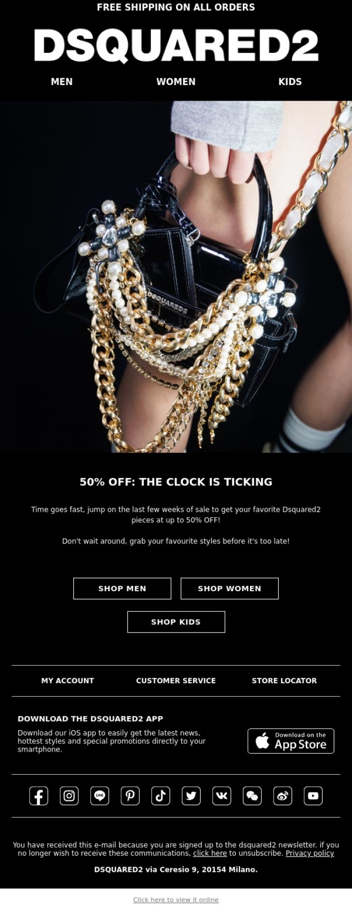 Email Design Inspiration from Dsquared2 News, WINTER SALE | The clock is ticking