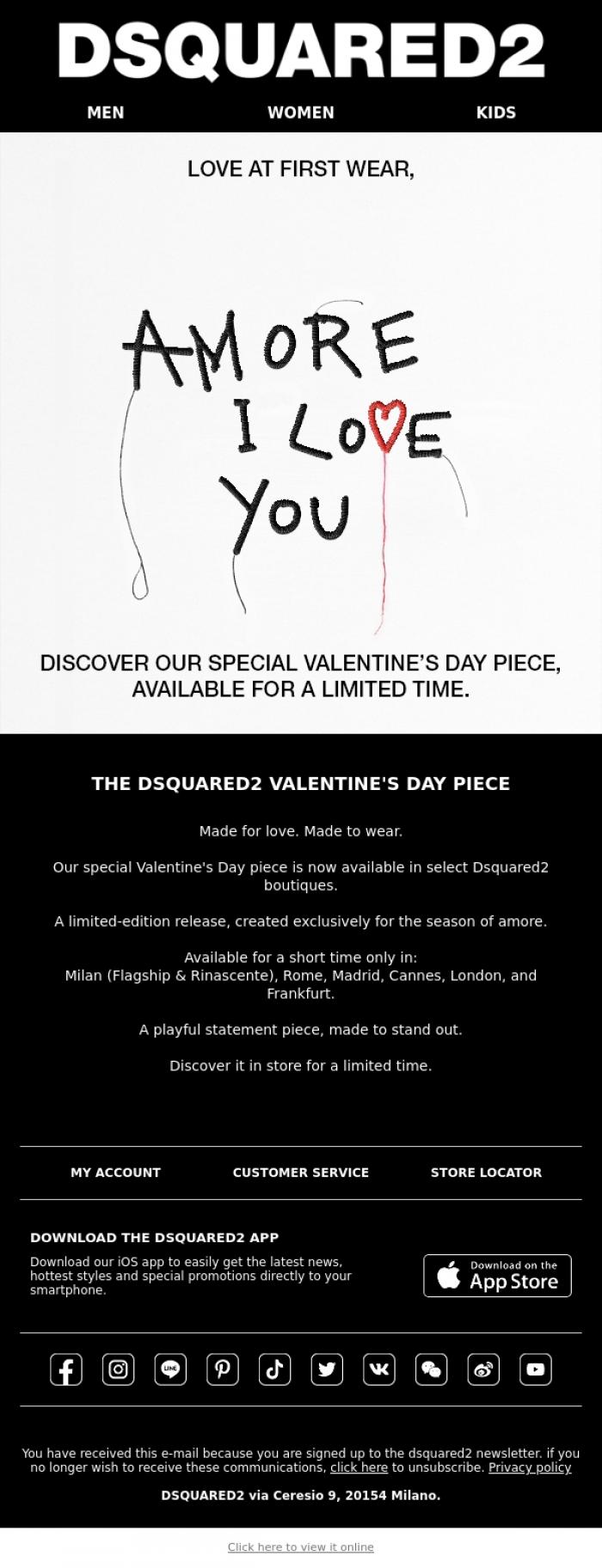 Email Design Inspiration from Dsquared2 News, Love at First Wear - Valentine's at D2