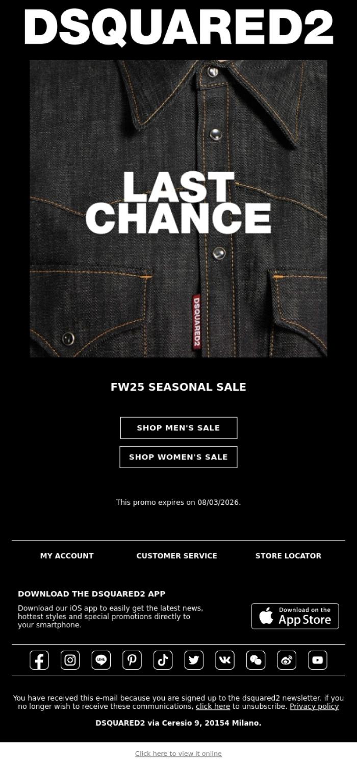 Email Design Inspiration from Dsquared2 News, Last Chance: Up to 50% Off