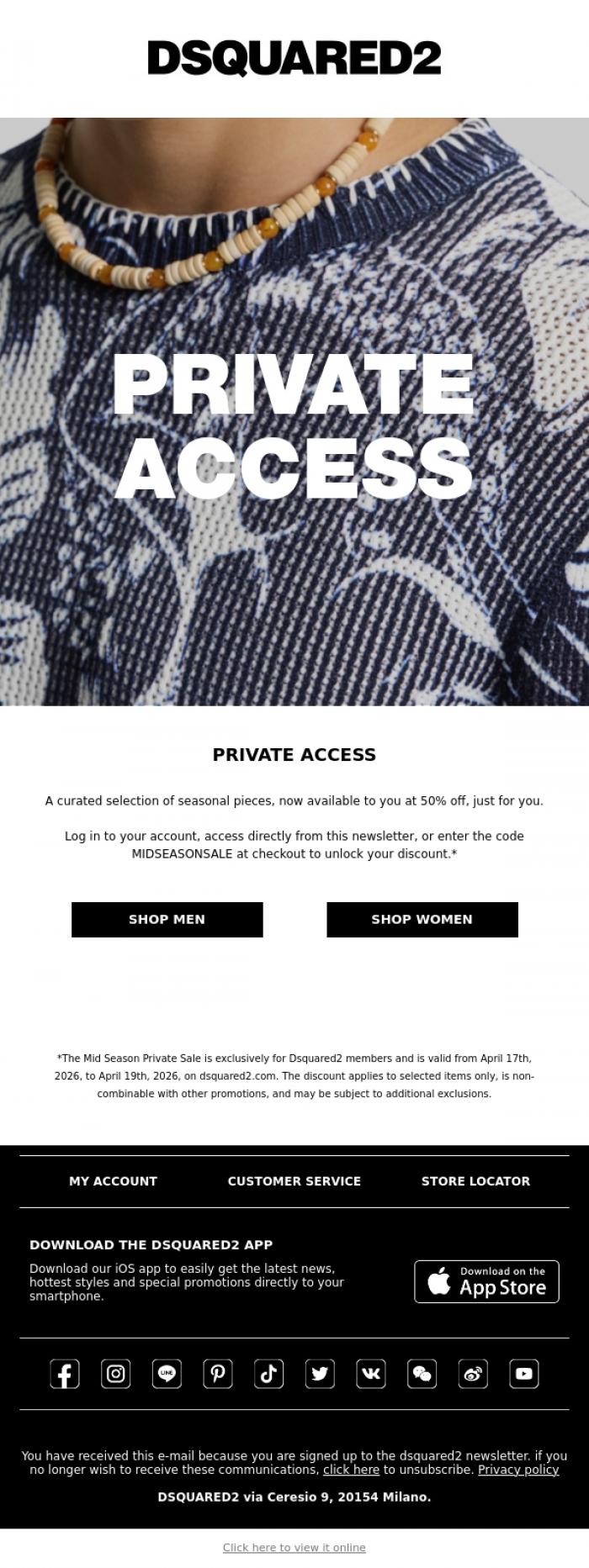 Email Design Inspiration from Dsquared2 News, Mid Season Private Sale