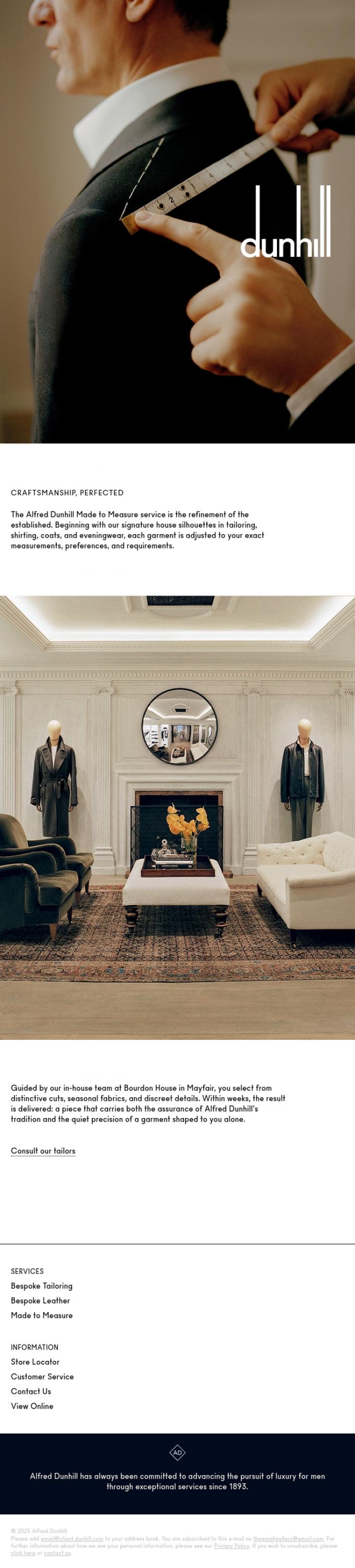 Email Design Inspiration from Dunhill, The assurance of dunhill Made to Measure