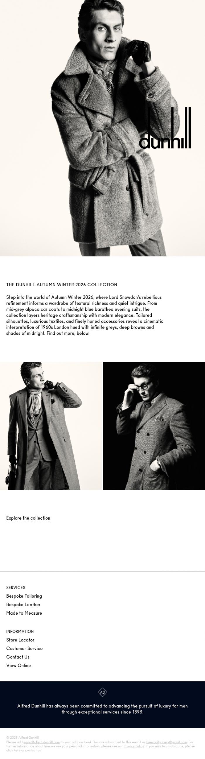 Email Design Inspiration from Dunhill, AW26: 1960s rebellion and film-noir cool
