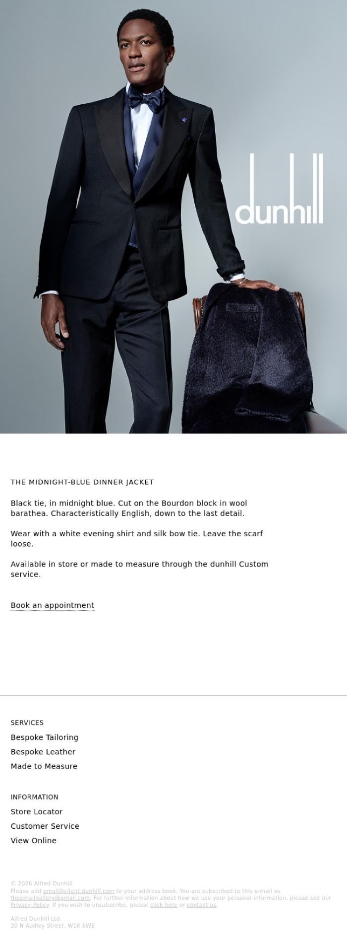 Email Design Inspiration from Dunhill, Black tie, in midnight blue