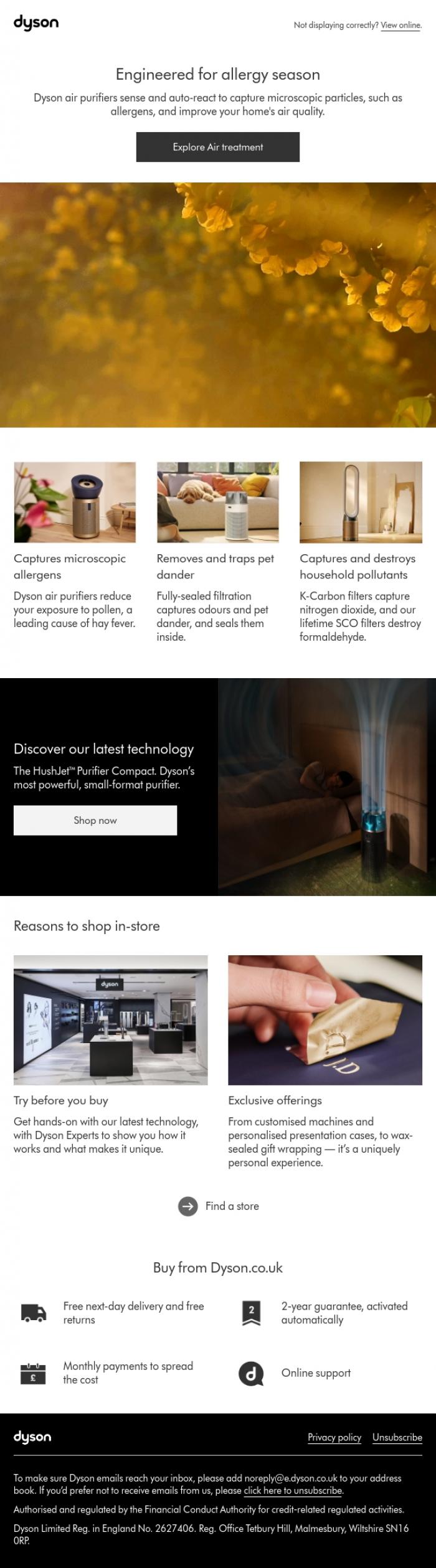 Email Design Inspiration from Dyson, Engineered for allergy season