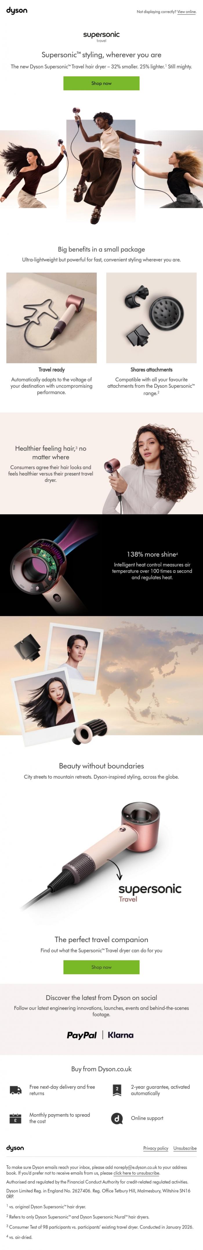 Email Design Inspiration from Dyson, Just landed: Dyson Supersonic&trade; Travel hair dryer