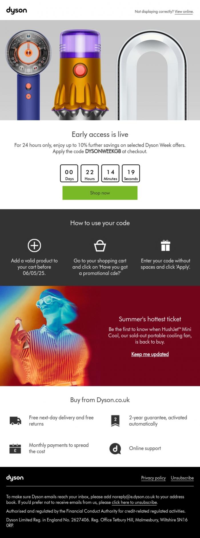 Email Design Inspiration from Dyson, 24 hours only, up to 10% further savings