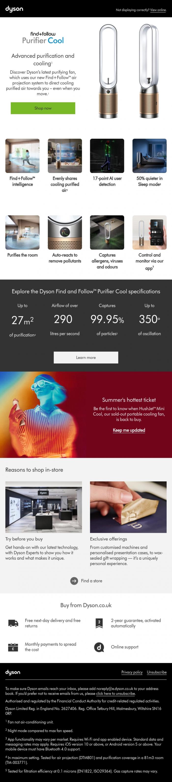 Email Design Inspiration from Dyson, Experiencing cooling purified air starts now&sup1;