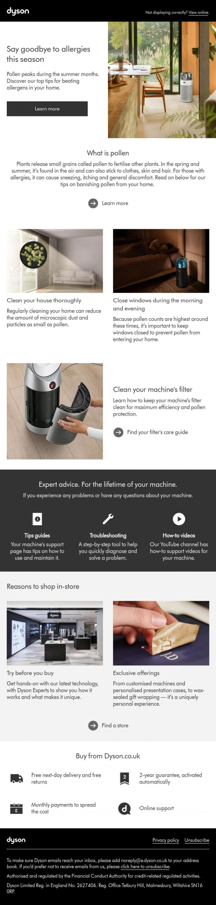 Email Design Inspiration from Dyson, Say goodbye to allergies this season