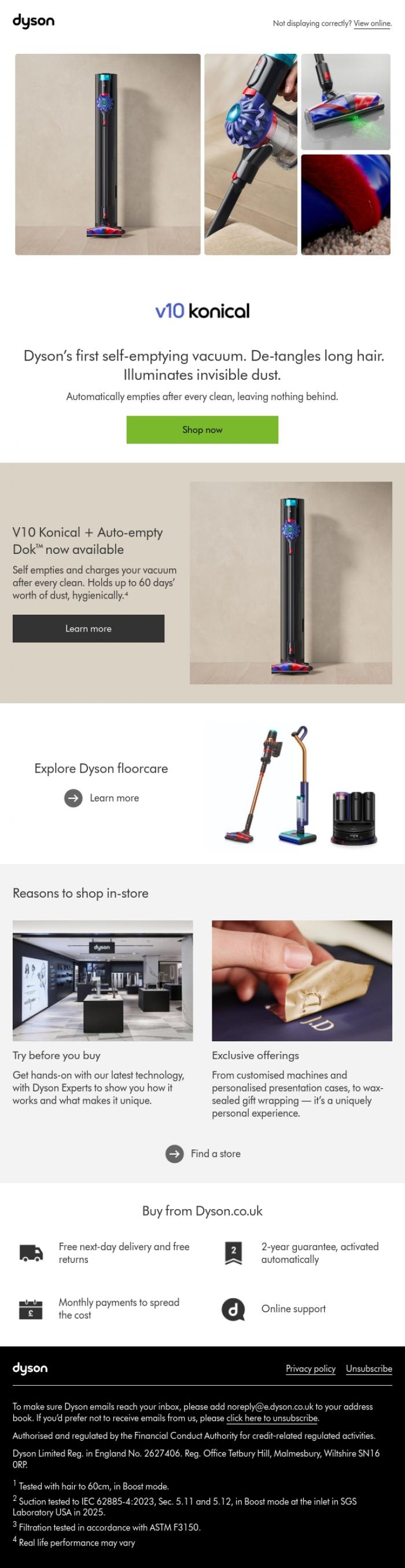 Email Design Inspiration from Dyson, Dyson's first self-emptying vacuum. De-tangles long hair. Illuminates invisible dust.