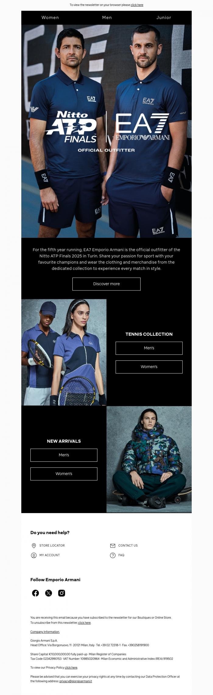 Email Design Inspiration from EA7, EA7 is back on court with the ATP Finals 2025 in Turin