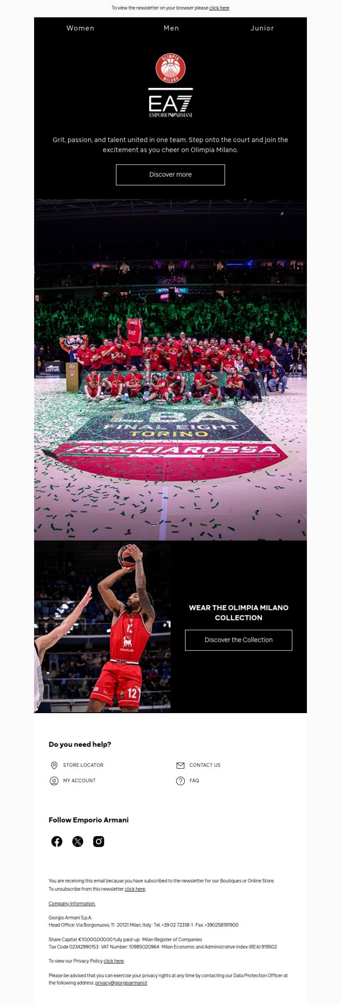 Email Design Inspiration from EA7, Olimpia Milano: experience every match