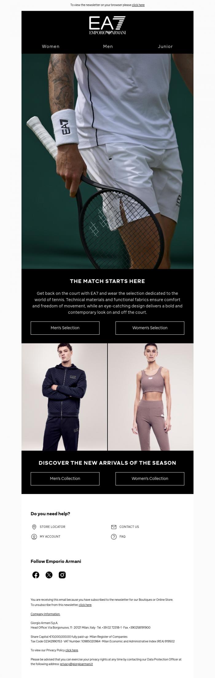 Email Design Inspiration from EA7, Step onto the court with the tennis selection