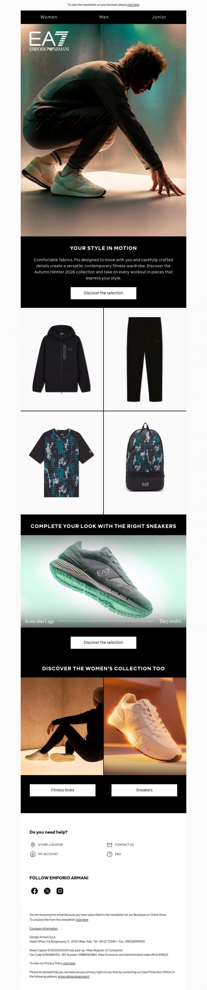Email Design Inspiration from EA7, Discover fitness wear for this autumn
